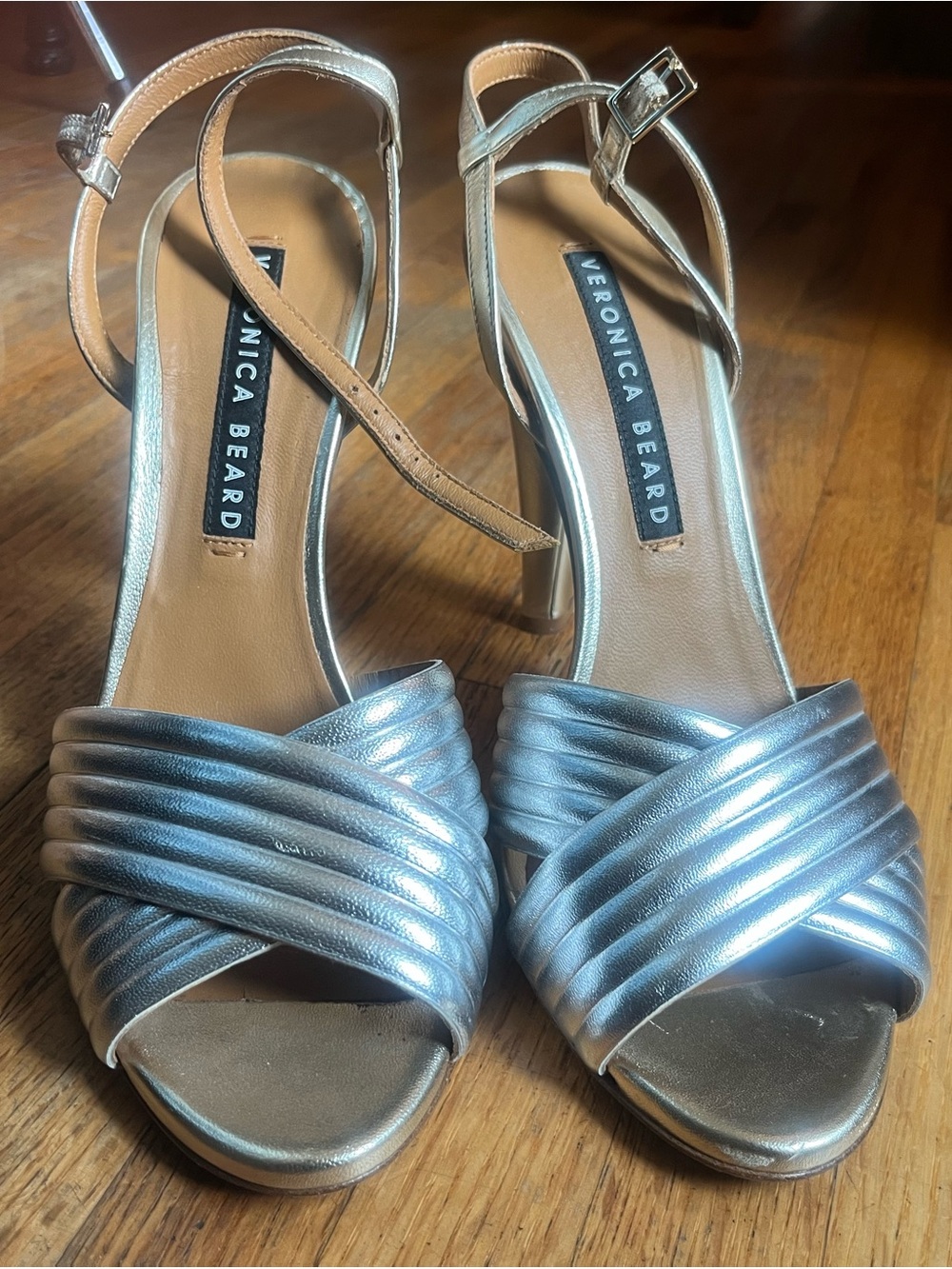 Veronica Beard Metallic Silver Cross-Strap Heeled Sandals size 39.5 euc